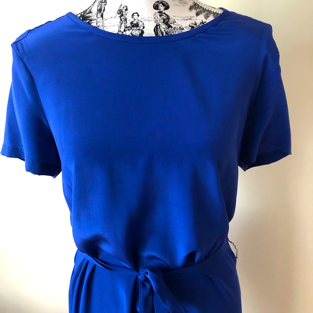 MARCS Cobalt Blue Dress 100% Silk Pullover Shift Tie Waist High Low Skirt Size M - Picture 3 of 16